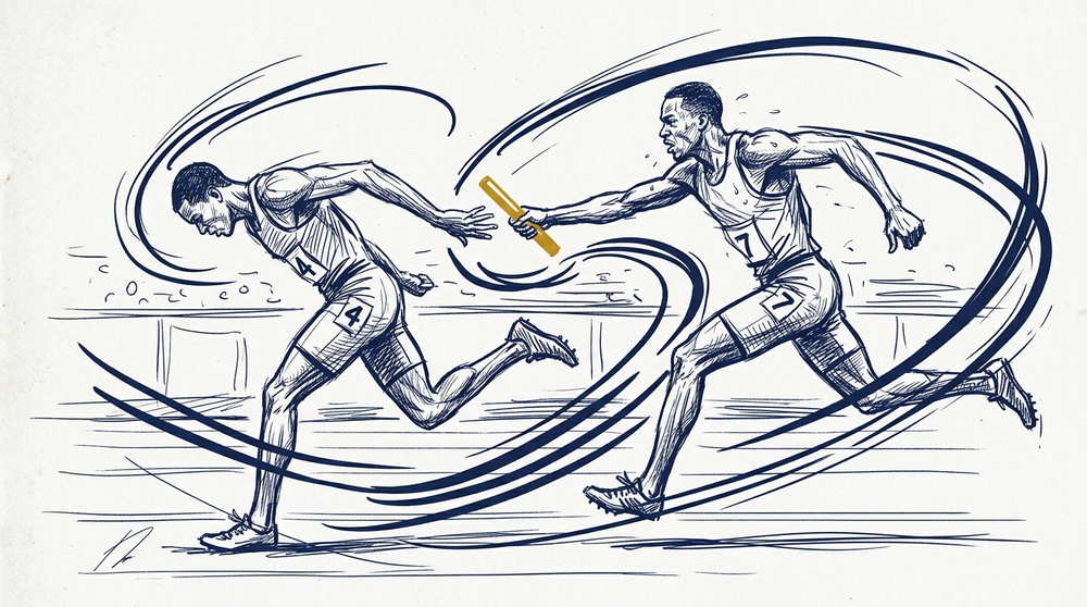 Pen-and-ink sketch of a relay baton exchange